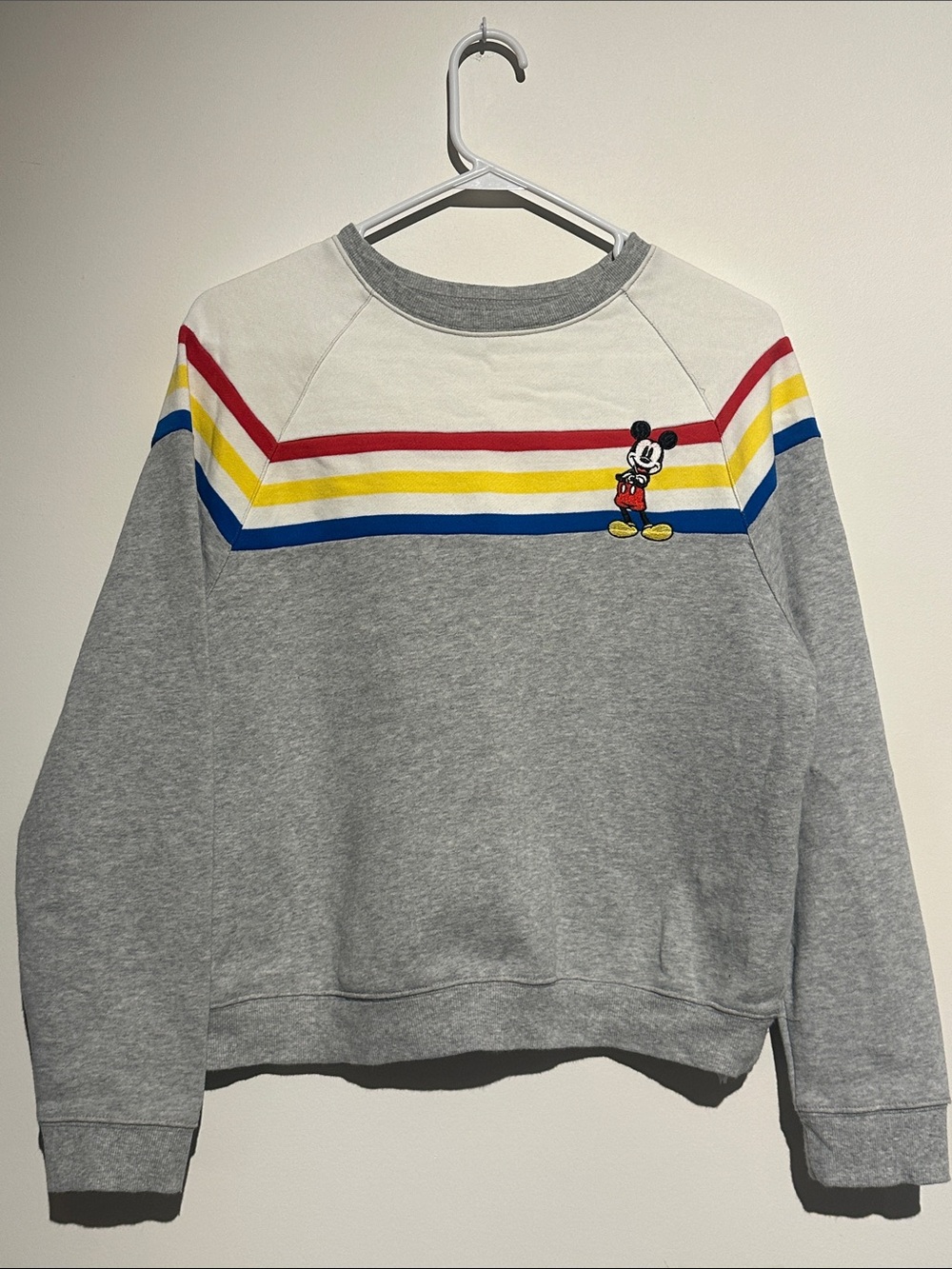 Disney Gray Sweatshirt with Red, Yellow & Blue Stripes and embroi Mickey Patch